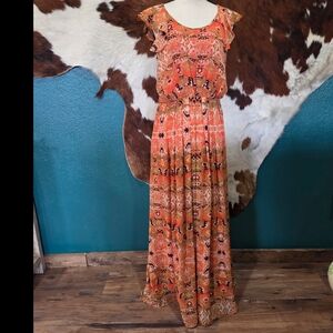 Gibson Latimer Orange Printed Flutter Maxi Dress